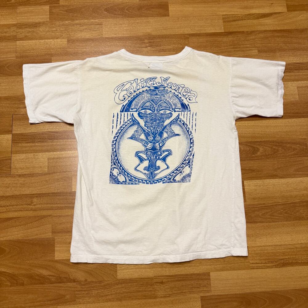 Vintage 2000's Tahiti Mo'orea Polynesian Tribal Art White Blue Shirt Sz Medium